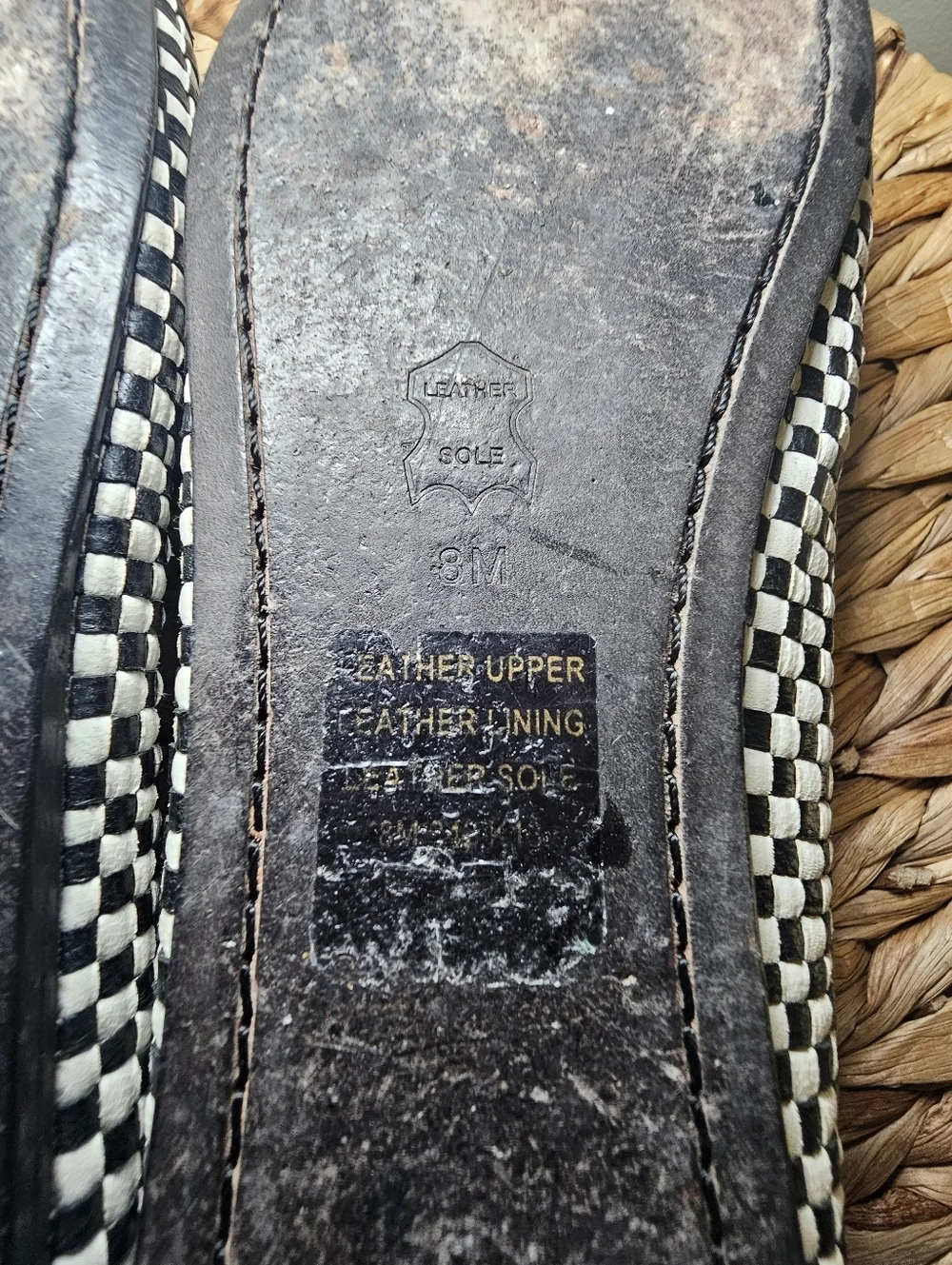 Tory Burch Woven Leather Ballet Flats 8M Black White Checkered Tassel